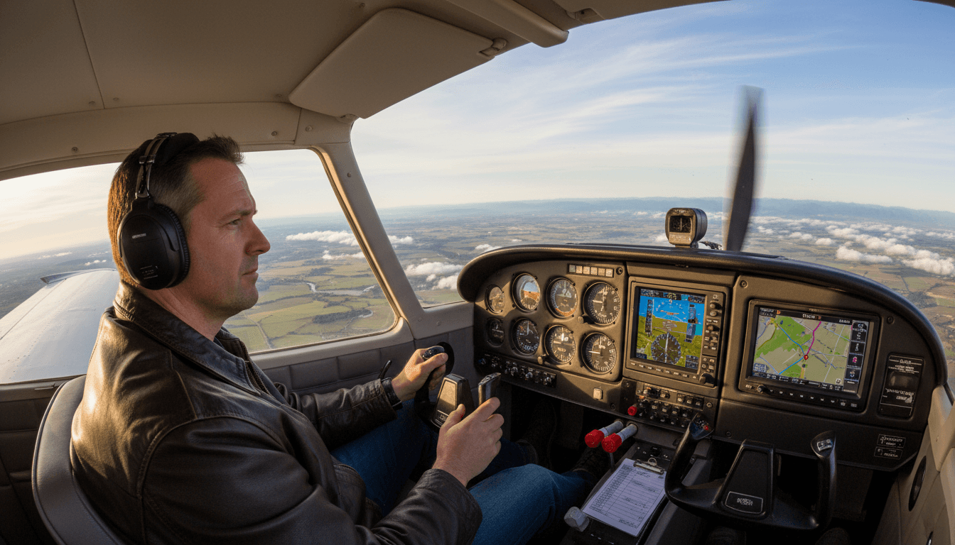 Pilot at the controls in a small aircraft cockpit during flight