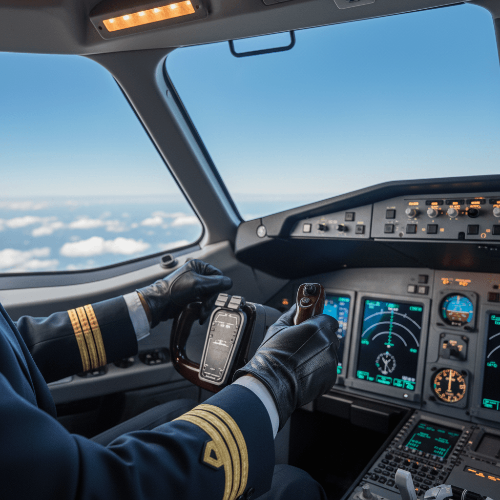 Female commercial pilot in cockpit of small aircraft