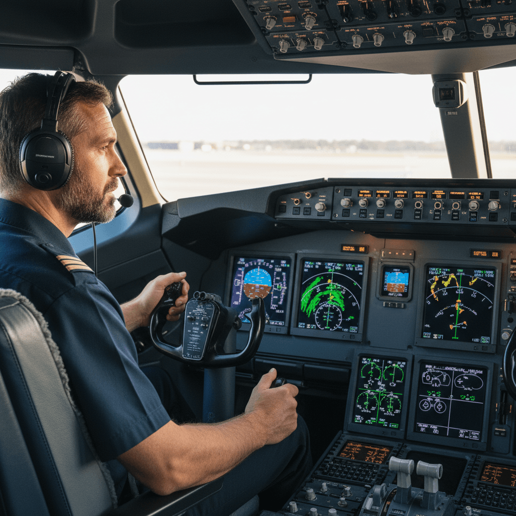 Pilot in the left seat, hands on the controls during a daytime leg
