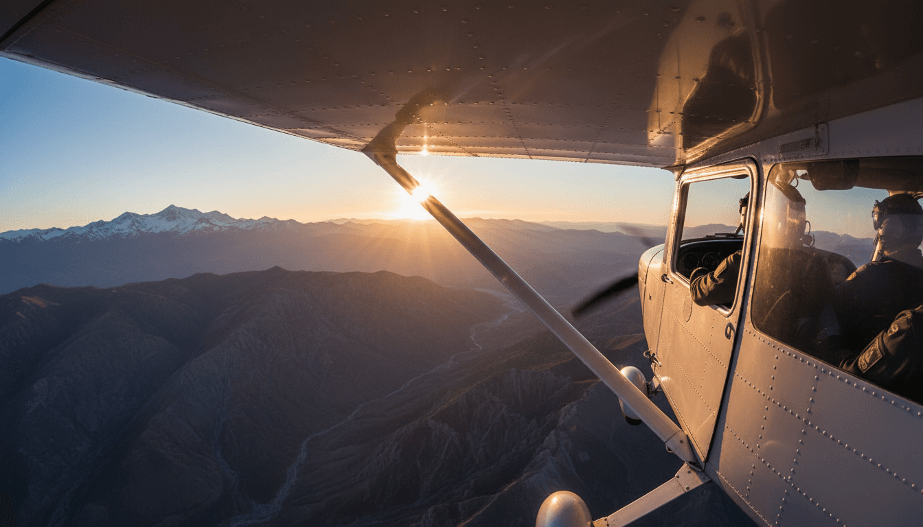 Small aircraft flying above clouds