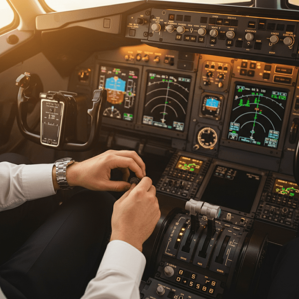 Pilot at the controls in a small aircraft cockpit during flight