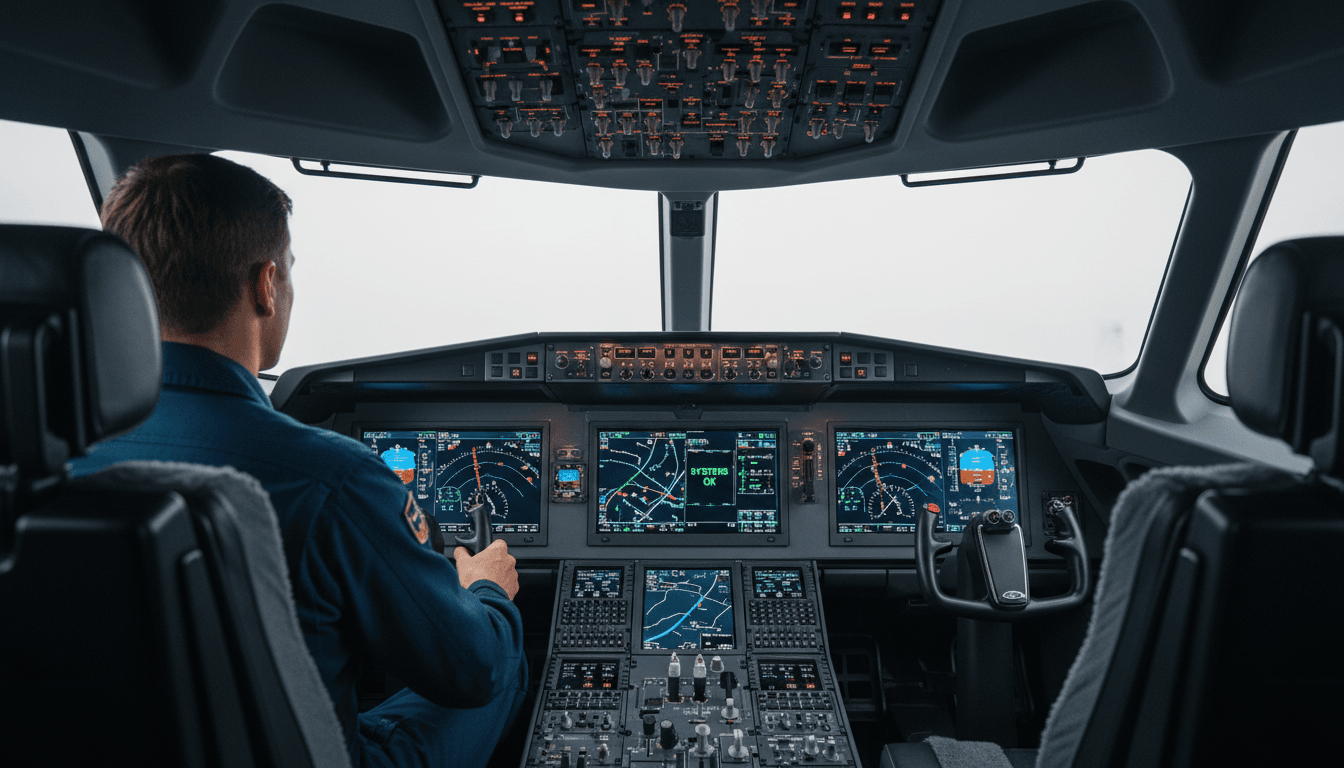 Commercial pilot in cockpit preparing for a flight